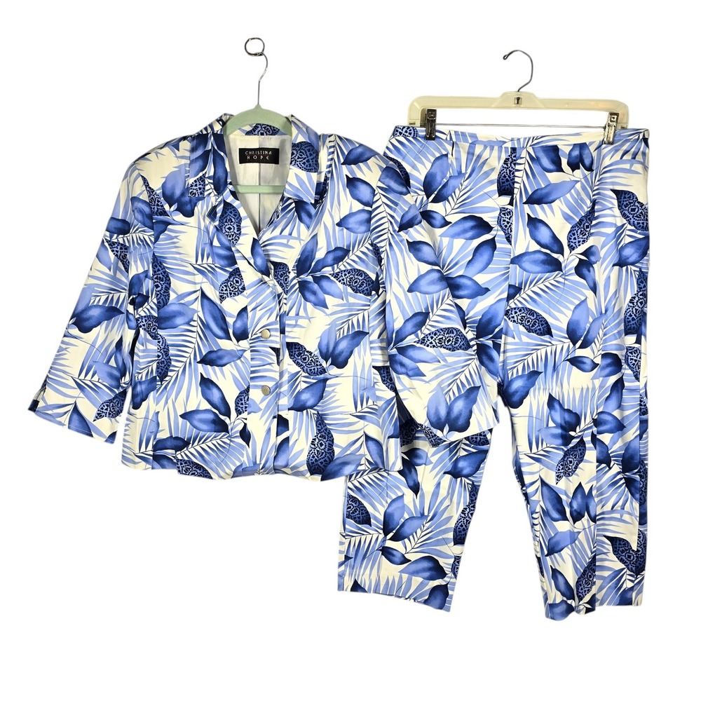 VTG Christina Hope Petite Blue White Tropical Palm Print Pant Suit‎ Set Size 16P